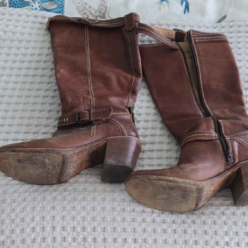 Frye Brown Leather Mid-Calf Heeled Boots